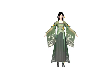 Woman Wearing Traditional Green Dress With Floral Patterns Wide Sleeves And Long Skirt 3d model
