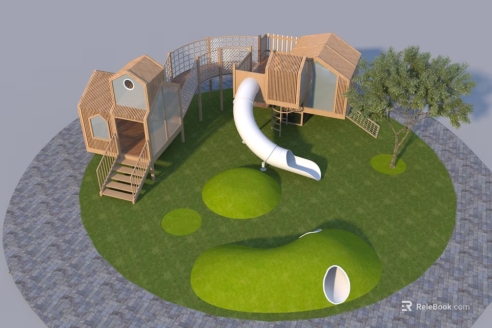Outdoor Wooden Playground Equipment Featuring Slide Playhouses Grass And Climbing Structures 3d model 