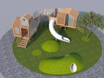 Outdoor Wooden Playground Equipment Featuring Slide Playhouses Grass And Climbing Structures 3d model