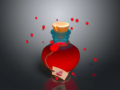 Red Glass Bottle With Wooden Cork Hanging Tag And Floating Red Petals 3d model