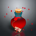 Red Glass Bottle With Wooden Cork Hanging Tag And Floating Red Petals
