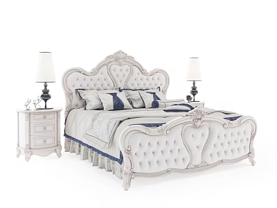 Classic European Double Bed With Tufted Carved Headboard Blue And White Bedding Nightstands Table Lamps 3d model