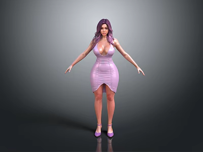 Woman With Purple Hair In Tight Pink Deep V Neck Slit Dress And Purple Heels 3d model