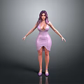 Woman With Purple Hair In Tight Pink Deep V Neck Slit Dress And Purple Heels