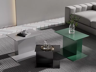 Modern Multi Colored Side Tables With Sofa Plant And Geometric Floor Tiles In Living Room 3d model