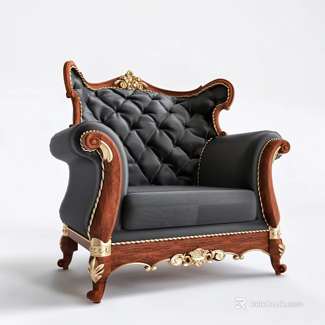 Classic Single Sofa With Carved Wooden Armrests Golden Decorations And Black Leather Cushion 3d model 
