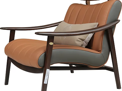 Leather Leisure Chair With Brown And Gray Upholstery Wooden Arms And Decorative Pillow 3d model