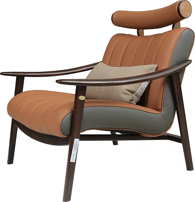 Leather Leisure Chair With Brown And Gray Upholstery Wooden Arms And Decorative Pillow 3d model
