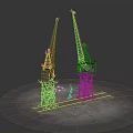 Two Industrial Cranes With Tall Metal Structures And Mechanical Arms On Platform