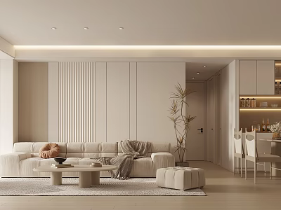 Modern Living Dining Room Interior With Neutral Tones Sofa Coffee Table Dining Chairs And Plants 3d model