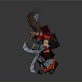 Two Men in Red Warrior Armor with Horned Helmets Holding Swords and Staffs