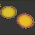Two Fresh Baked Egg Tarts With Golden Yellow Filling And Orange Fluted Crust