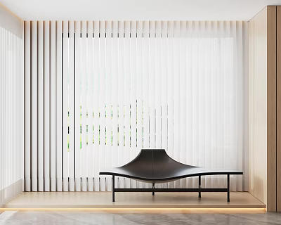 White Vertical Curtains In Modern Minimalist Room With Black Curved Bench And Light Wooden Floor 3d model