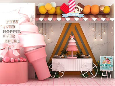 Colorful Ice Cream Shop Interior With Macarons Cake Cart And Decorative Lights 3d model