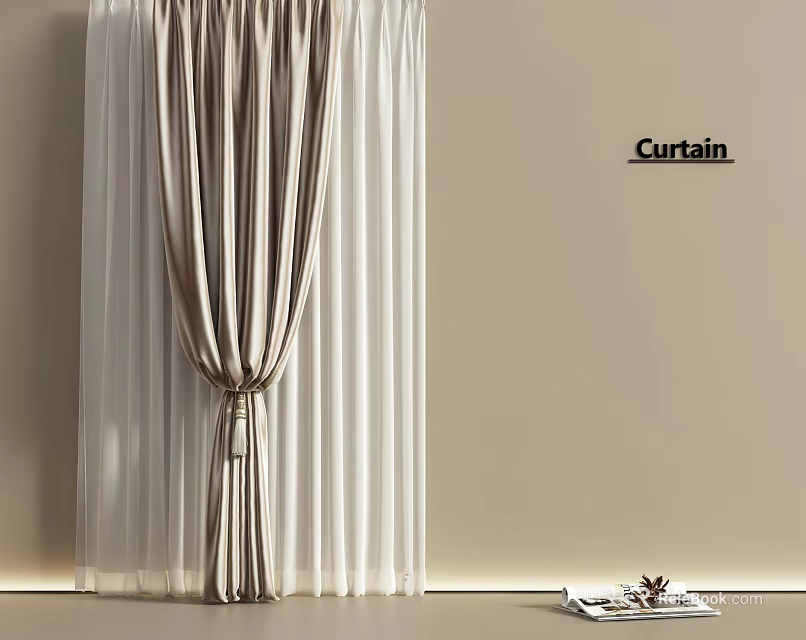 Modern Curtain with Beige White Stripes Sheer Layers and Tiebacks for Interior Design 3d model 