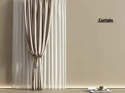 Modern Curtain with Beige White Stripes Sheer Layers and Tiebacks for Interior Design 3d model