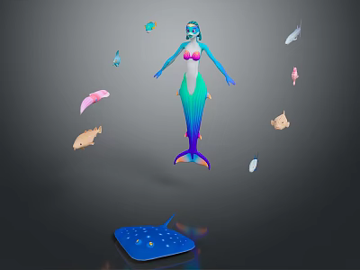 Blue Skinned Mermaid With Green Purple Tail Surrounded By Colorful Fish And Blue Starfish 3d model