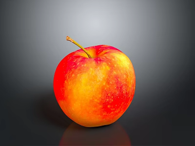 Fresh Ripe Red and Yellow Apple with Stem on Reflective Dark Surface 3d model