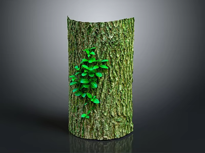 Green Vines Plant Growing On Tree Stump With Natural Bark Texture 3d model