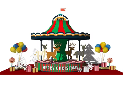 Festive Christmas Carousel Photo Spot With Reindeer Balloons Gift Boxes And Tree 3d model