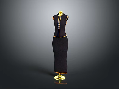 Stylish Black Women's Dress With Gold Trim And Accents On Gold Display Stand 3d model