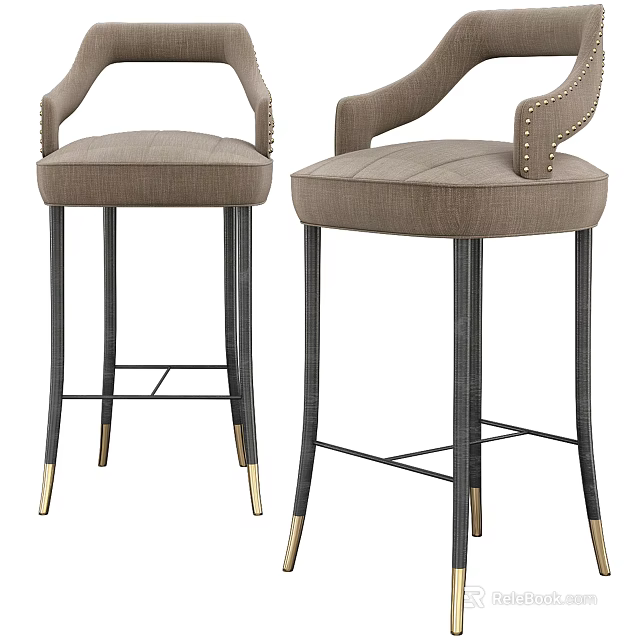 Elegant Bar Stools Featuring Brown Fabric Seats Rivet Backs Black Metal Legs And Gold Feet 3d model 