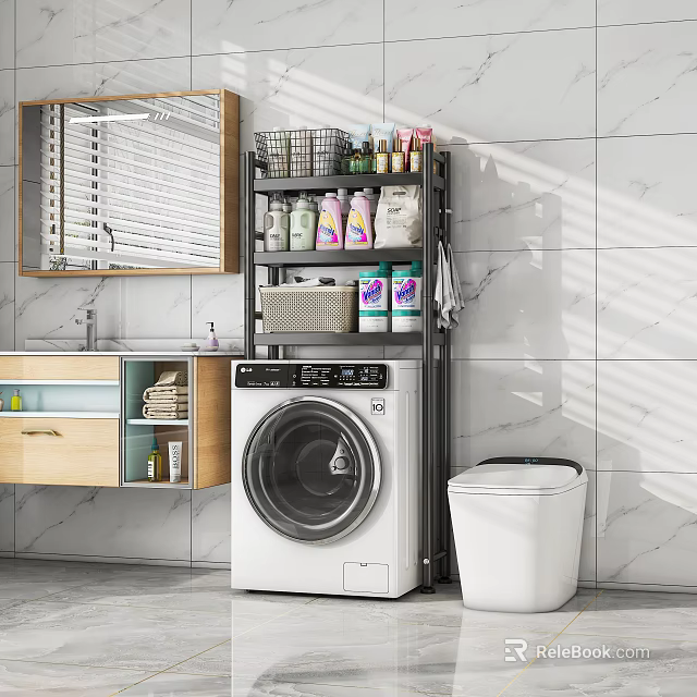Modern Laundry Room Storage Shelf With Multi tier Design Organizing Cleaning Supplies Near Washing Machine 3d model 