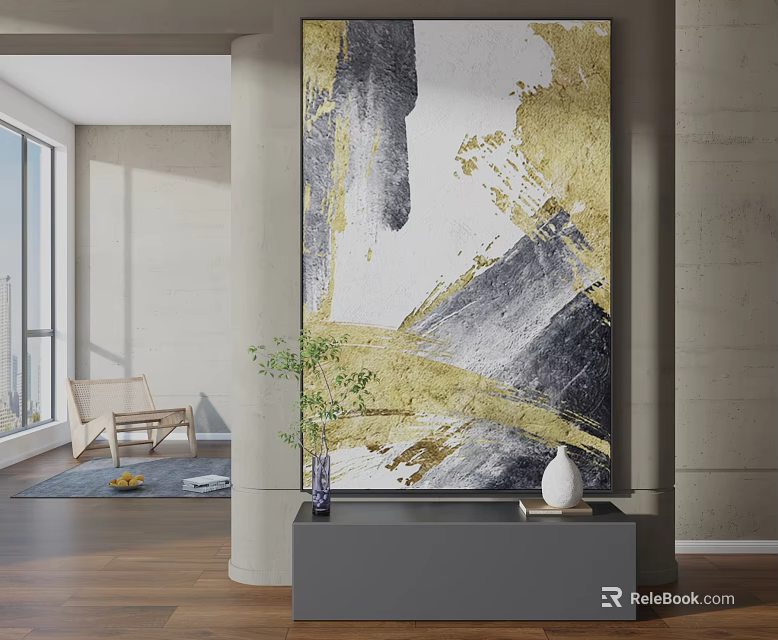 Abstract Painting With Gold Gray Tones In Modern Interior 3d model 