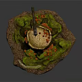 Natural Tree Stump With Orange Mushrooms Green Moss And Fallen Leaves