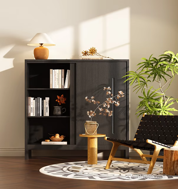 Modern Dark Wooden Bookcase with Books Table Lamp Vase Potted Plant and Chair 3d model 