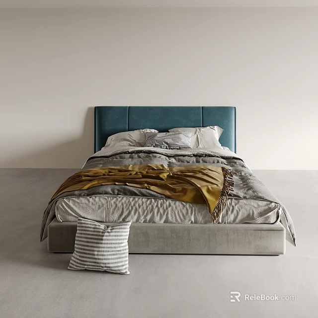Modern Double Bed with Teal Headboard Gray White Pillows Gold Blanket and Striped Pillow 3d model 
