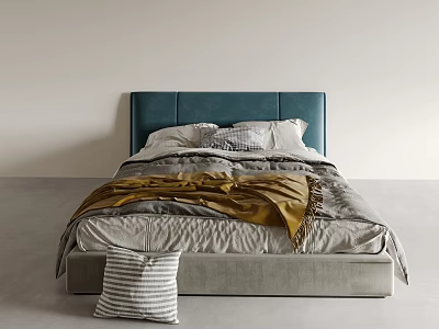 Modern Double Bed with Teal Headboard Gray White Pillows Gold Blanket and Striped Pillow 3d model