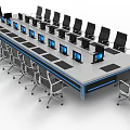Modern Long Conference Table With Multiple Computer Monitors And Black Office Chairs 3d model