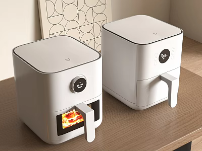 Two White Air Fryers Kitchen Appliances On Wooden Countertop With Modern Design 3d model