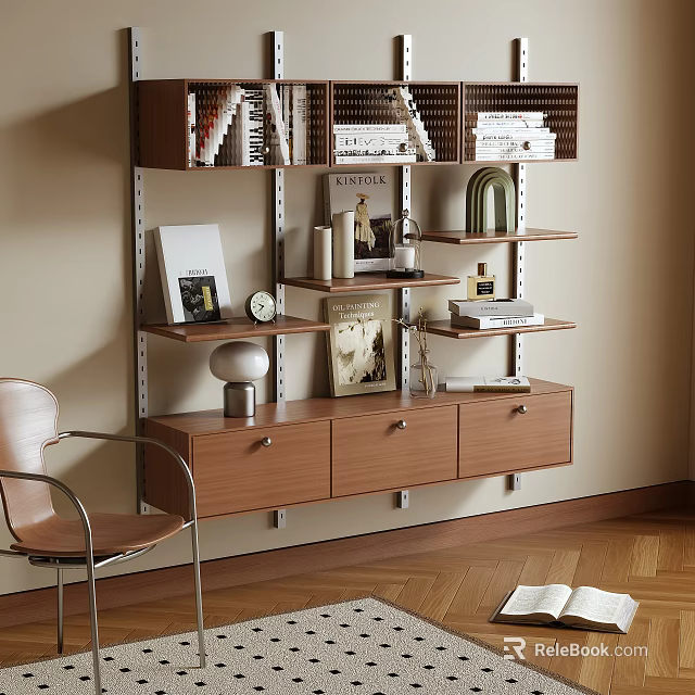 Modern Wall Mounted Storage Shelving with Books Decorative Items and Drawers 3d model 