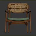 Stylish Leisure Chair With Wooden Frame Curved Armrests Rattan Backrest And Green Cushioned Seat