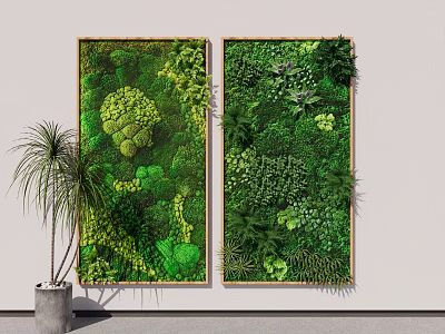 Green Plant Wall with Wooden Frames and Palm Tree Beside for Interior Decoration 3d model