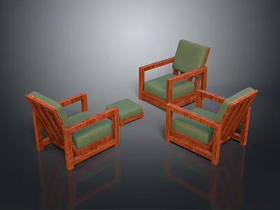 Three Wooden Frame Chairs With Green Cushions And Ottoman Furniture Set 3d model