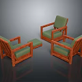 Three Wooden Frame Chairs With Green Cushions And Ottoman Furniture Set