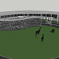 Modern Metal Pergola With Vertical Slats And Deer Sculptures On Green Lawn