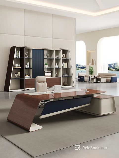 Modern Office Desk with Leather Chair Wooden Bookcase and Laptop in Contemporary Interior 3d model 