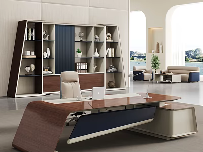 Modern Office Desk with Leather Chair Wooden Bookcase and Laptop in Contemporary Interior 3d model