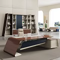 Modern Office Desk with Leather Chair Wooden Bookcase and Laptop in Contemporary Interior