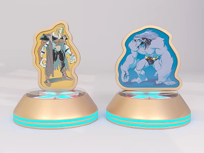 Decorative Figurines with Golden Base and Blue Glowing Edges Featuring Cartoon Warrior and Giant Characters 3d model