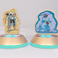 Decorative Figurines with Golden Base and Blue Glowing Edges Featuring Cartoon Warrior and Giant Characters