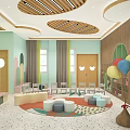 Modern Kindergarten Interior Design With Wooden Decor Circular Ceiling Colorful Cartoon Wall Round Tables Chairs