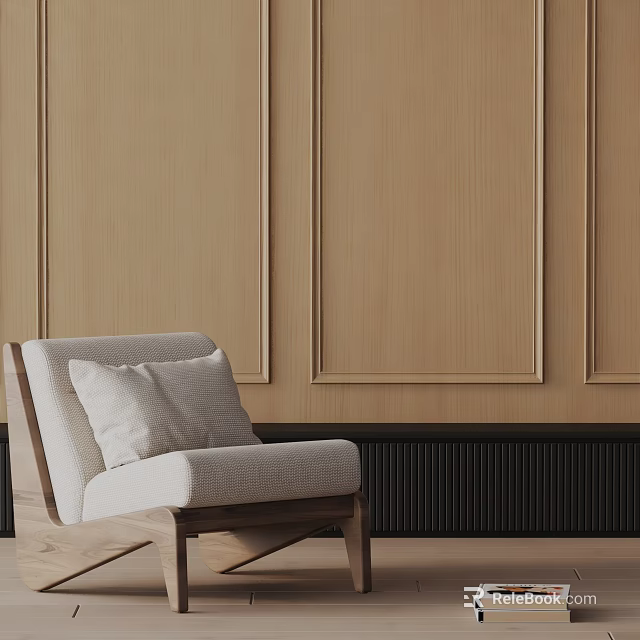 Modern Leisure Chair With Light Cushion And Wooden Frame Against Wooden Wall 3d model 