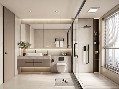 Modern Bathroom Interior Design With Large Mirror Vanity Cabinet And Glass Shower 3d model