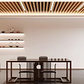 Traditional Chinese Tea House Interior With Bookshelves Large Screen And Chairs
