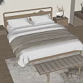 Minimalist Wooden Double Bed with White Bedding Beige Blanket Nightstands Bench and Desk in Bedroom